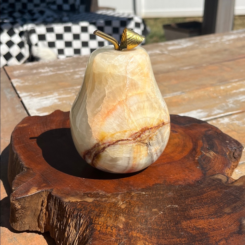 Novica Hand-Carved Onyx Pear – Solid Stone with Brass Leaf